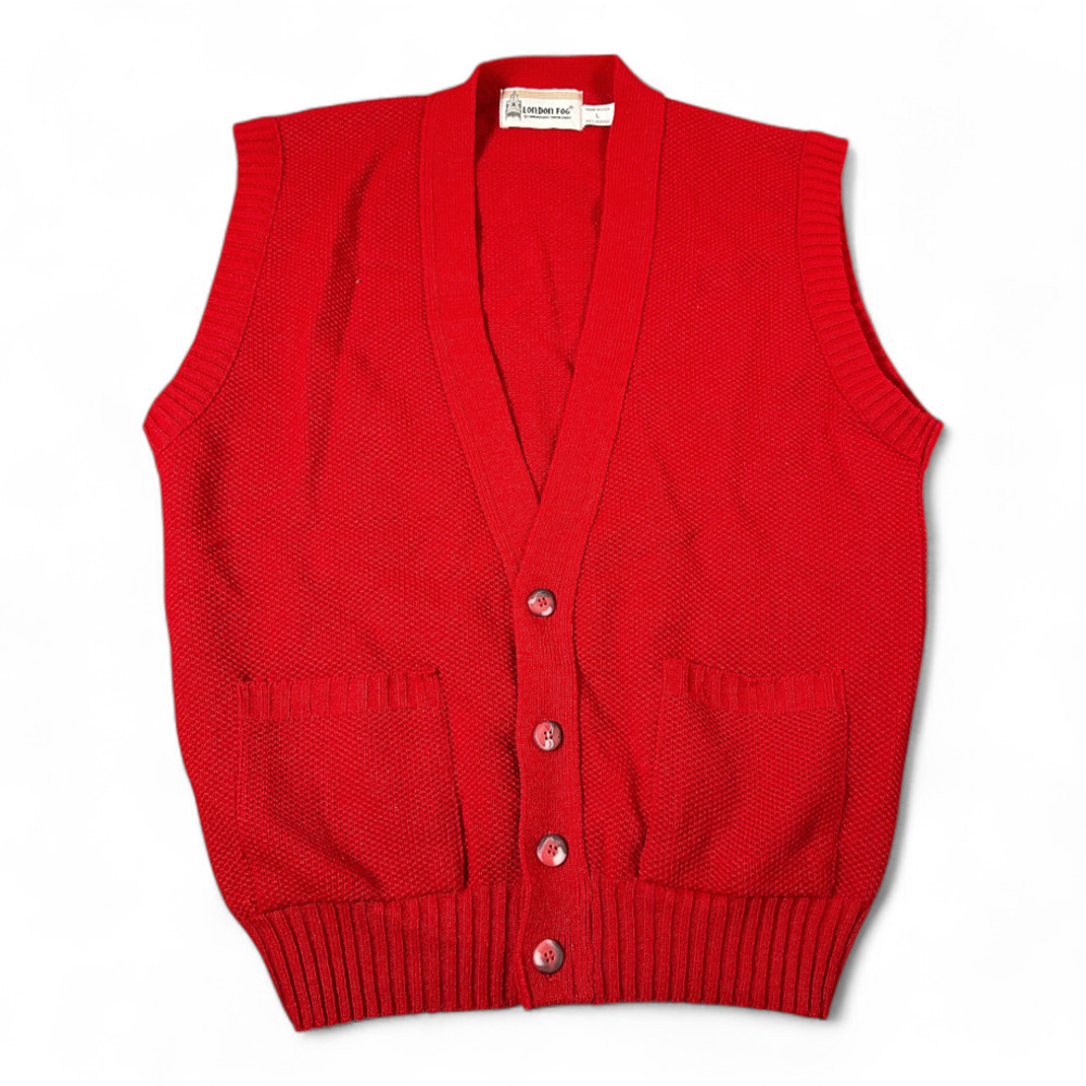 Vintage London Fog Sweater Vest Adult MEDIUM Red Cardigan USA Made Preppy 80s
